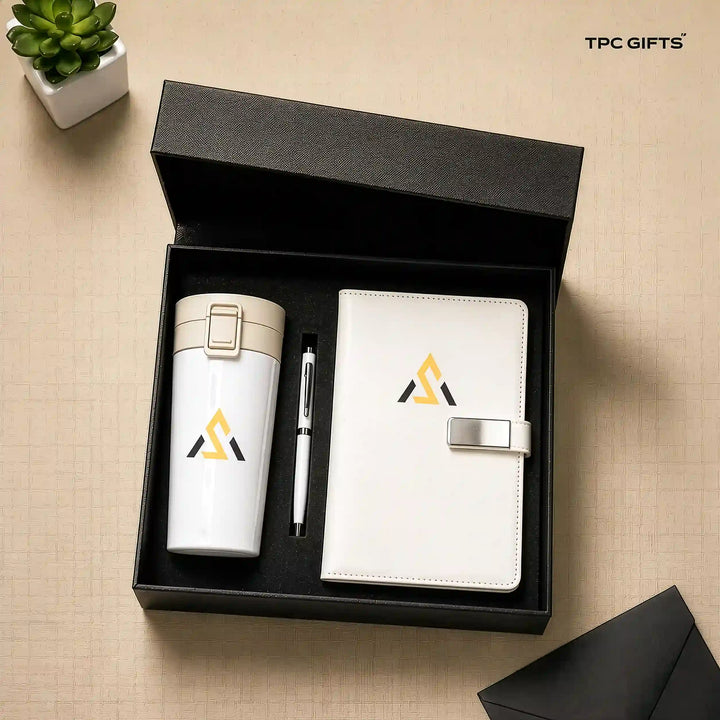 The White Set – Personalised 3-in-1 Diary, Tumbler &amp; Pen Gift Set