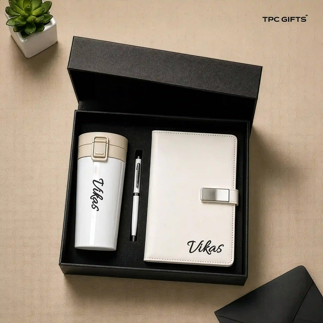 The White Set – Personalised 3-in-1 Diary, Tumbler &amp; Pen Gift Set