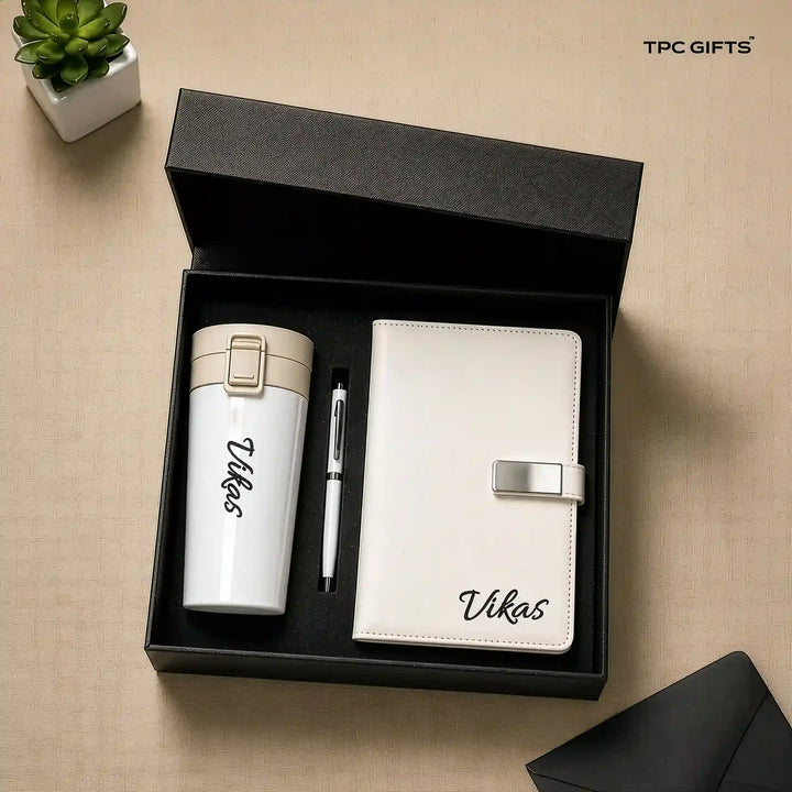 The White Set – Personalised 3-in-1 Diary, Tumbler &amp; Pen Gift Set