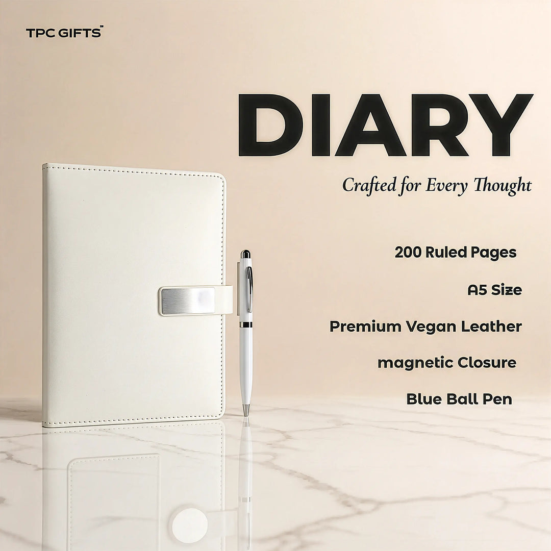 The White Set – Personalised 3-in-1 Diary, Tumbler &amp; Pen Gift Set