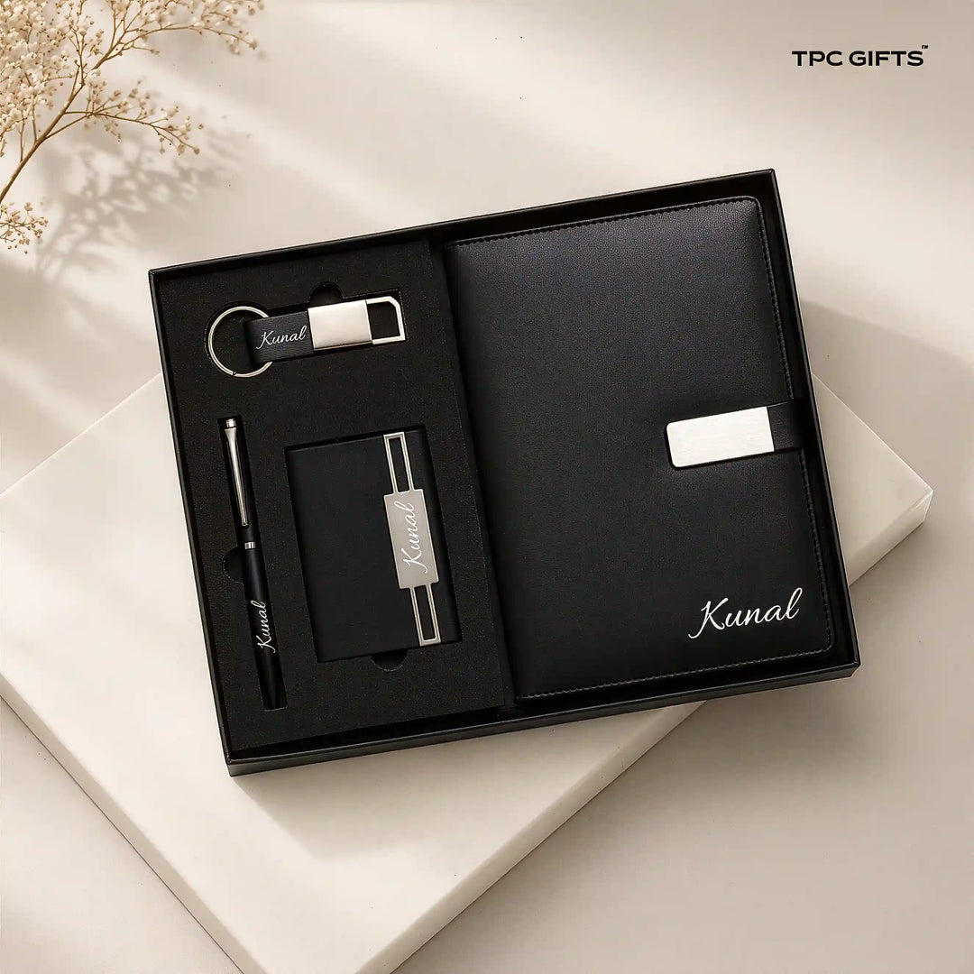 The Everyday Set – Personalised 4-in-1 Gift Set for Him (Engraved Diary, Pen, Card Holder &amp; Keychain)