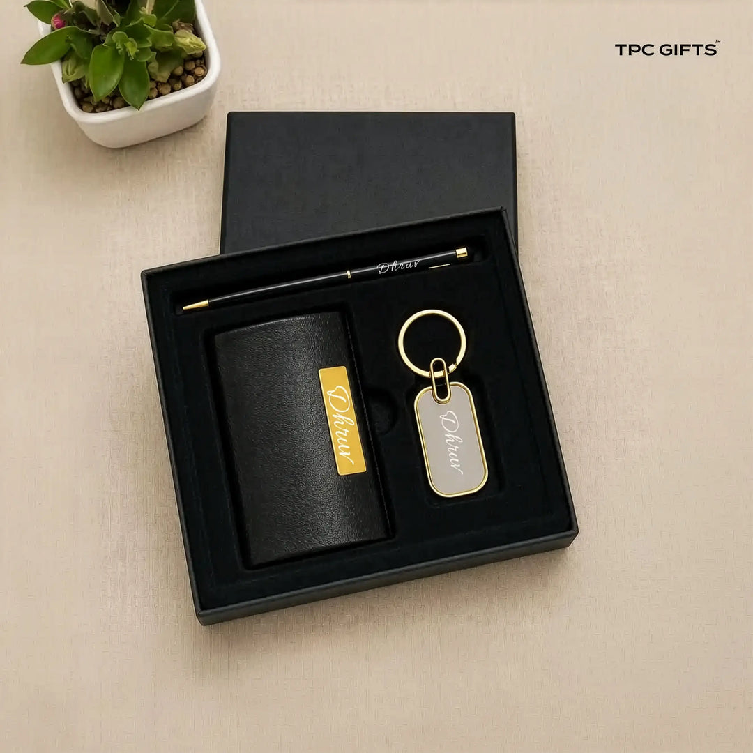 The Pocket Set – Personalised 3-in-1 Card Holder, Keychain &amp; Pen Gift Set