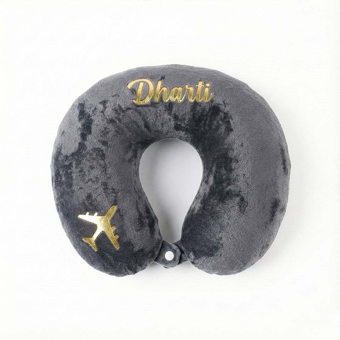 Gray neck pillow with &