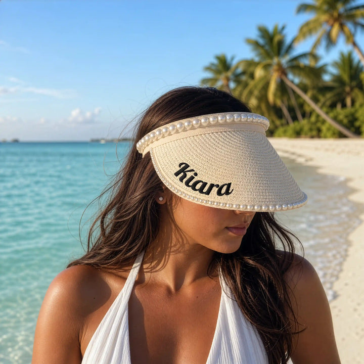 Pearl Shore — Personalised Pearl-Trim Straw Sun Visor with Name Embroidery