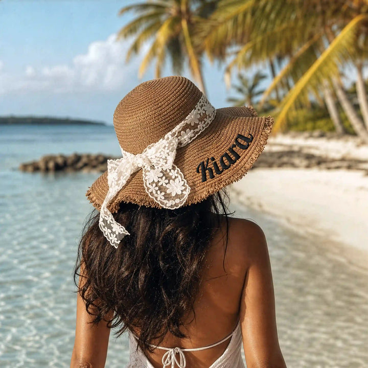 Lacelle — Personalised Lace Bow Straw Beach Hat