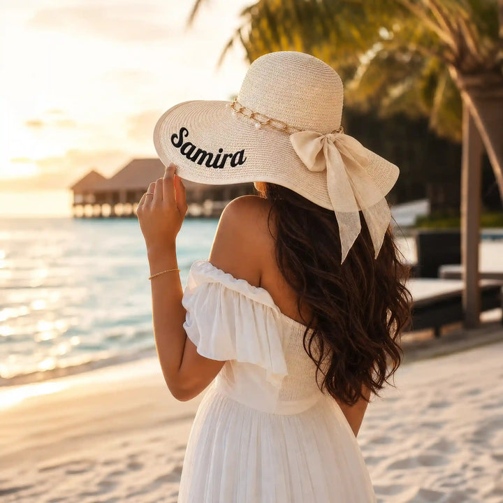 Pearl Riviera — Personalised Wide-Brim Straw Sun Hat with Gold Chain &amp; Pearls
