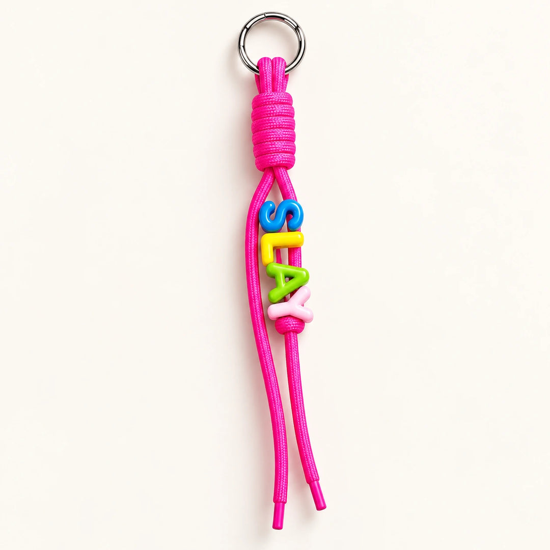 Hot Pink Colour Pop personalised rope keychain with colourful alphabet name beads and a metal ring