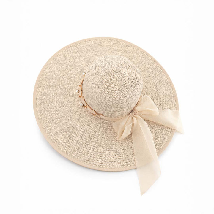 Pearl Riviera — Personalised Wide-Brim Straw Sun Hat with Gold Chain &amp; Pearls