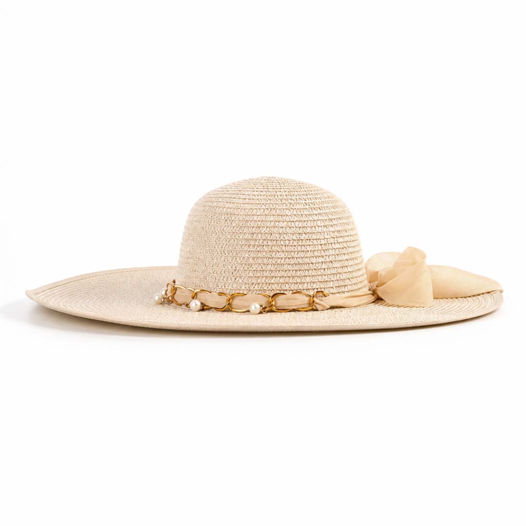 Pearl Riviera — Personalised Wide-Brim Straw Sun Hat with Gold Chain &amp; Pearls