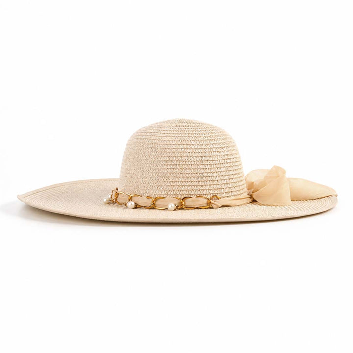 Pearl Riviera — Personalised Wide-Brim Straw Sun Hat with Gold Chain &amp; Pearls