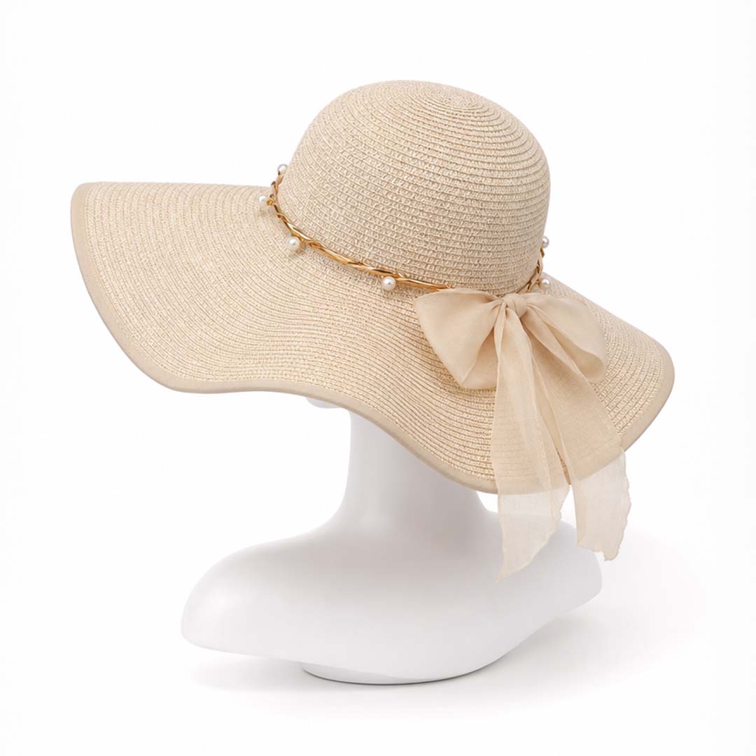 Pearl Riviera — Personalised Wide-Brim Straw Sun Hat with Gold Chain &amp; Pearls