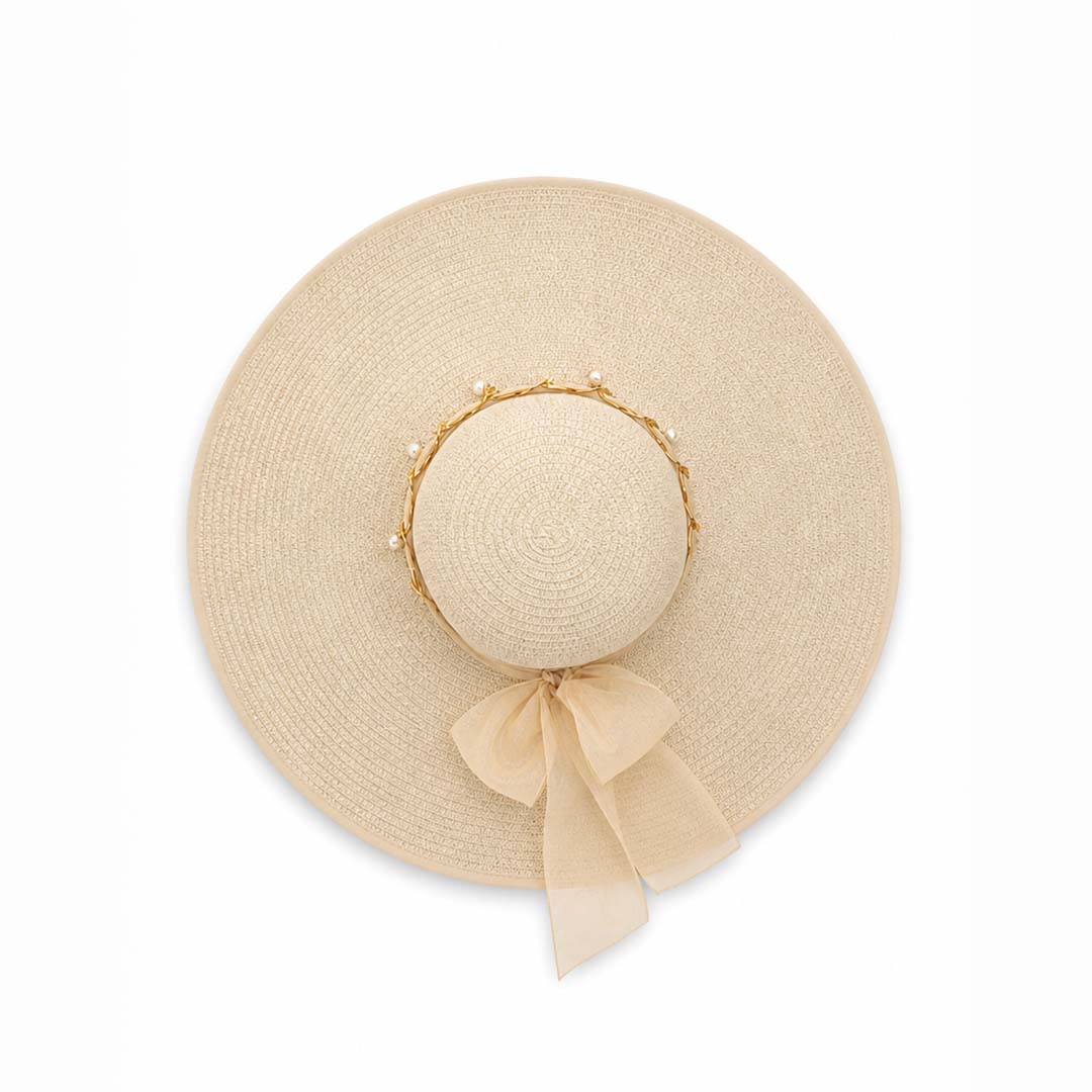 Pearl Riviera — Personalised Wide-Brim Straw Sun Hat with Gold Chain &amp; Pearls