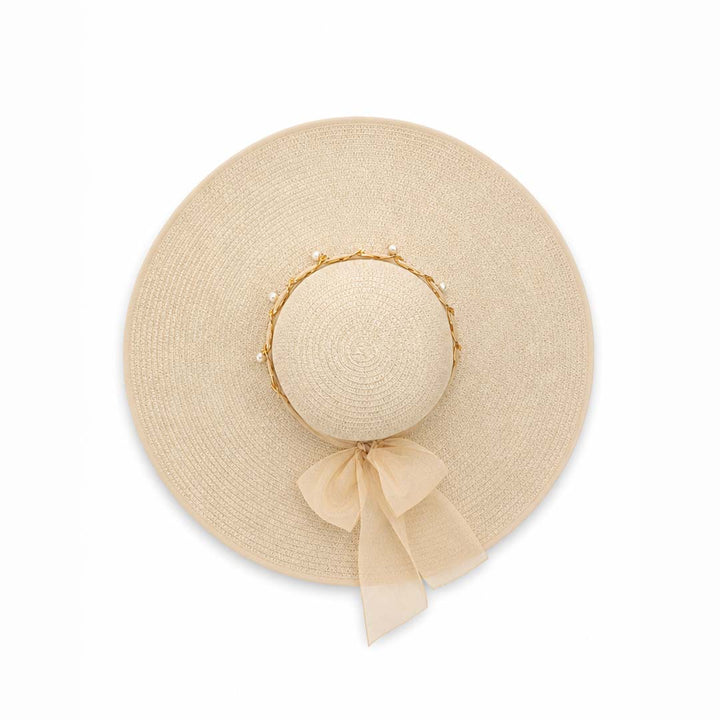 Pearl Riviera — Personalised Wide-Brim Straw Sun Hat with Gold Chain &amp; Pearls