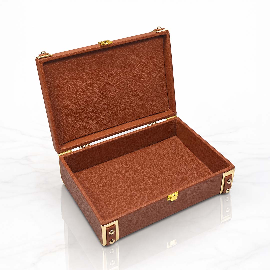 Personalised Pebbled Vegan Leather Trunk Box — Cognac