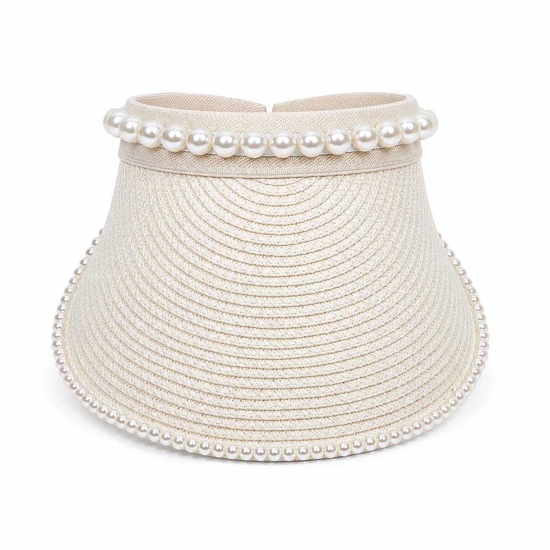 Pearl Shore — Personalised Pearl-Trim Straw Sun Visor with Name Embroidery