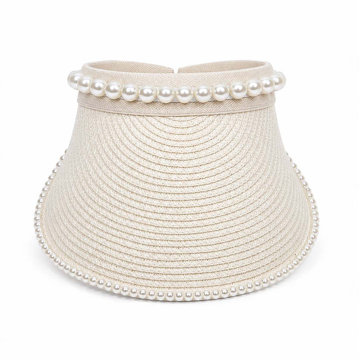 Pearl Shore — Personalised Pearl-Trim Straw Sun Visor with Name Embroidery