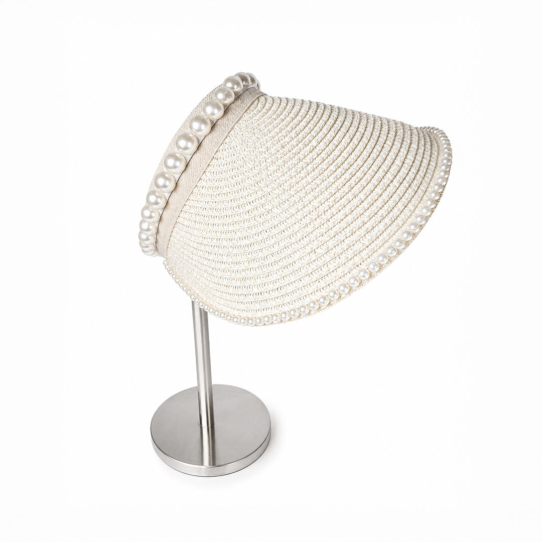 Pearl Shore — Personalised Pearl-Trim Straw Sun Visor with Name Embroidery