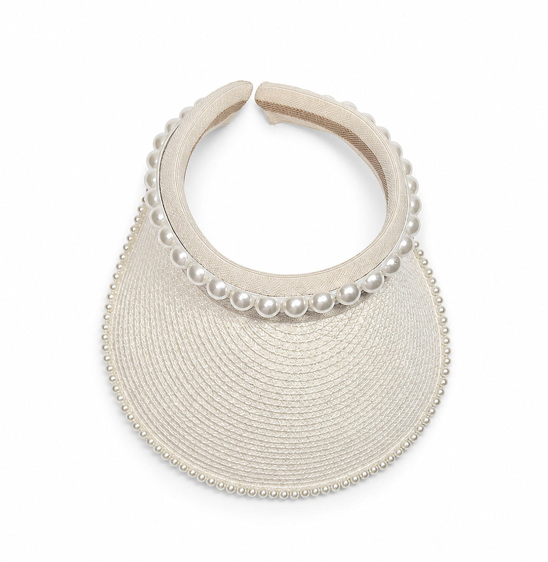 Pearl Shore — Personalised Pearl-Trim Straw Sun Visor with Name Embroidery