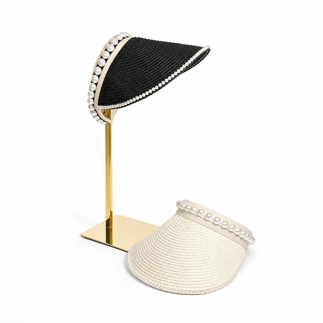Pearl Shore — Personalised Pearl-Trim Straw Sun Visor with Name Embroidery