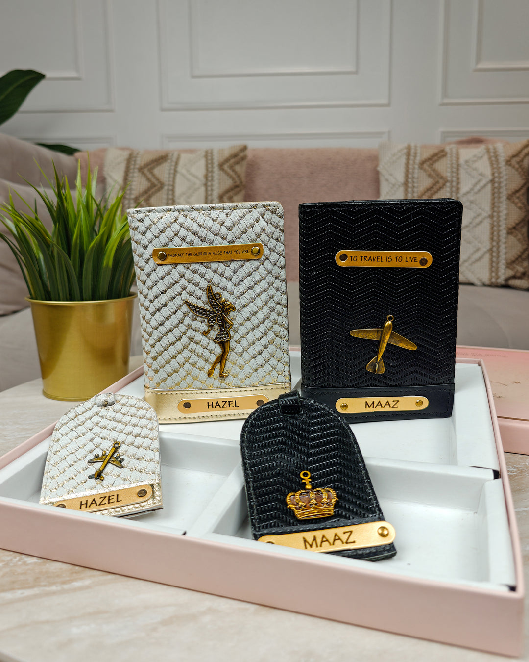 Couple Passport Cover &amp; Luggage Tag - Ivory Gold and Black Edition
