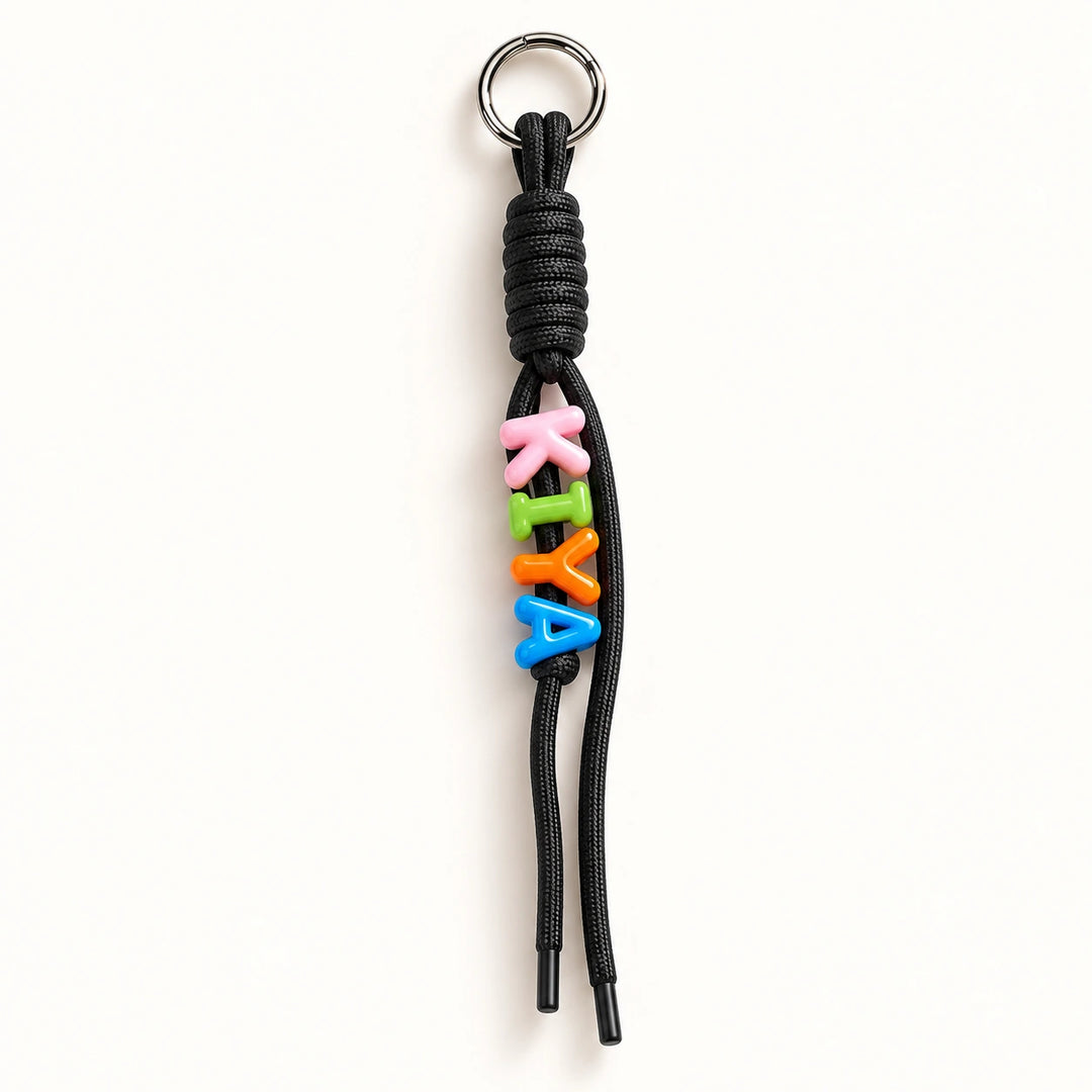 Charcoal Colour Pop personalised rope keychain with colourful alphabet name beads and a metal ring