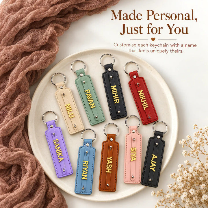 The Letter Keychain collection with personalised gold-tone names in assorted colours