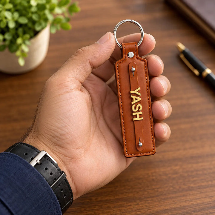 Tan Brown vegan-leather keychain with gold-tone name letters