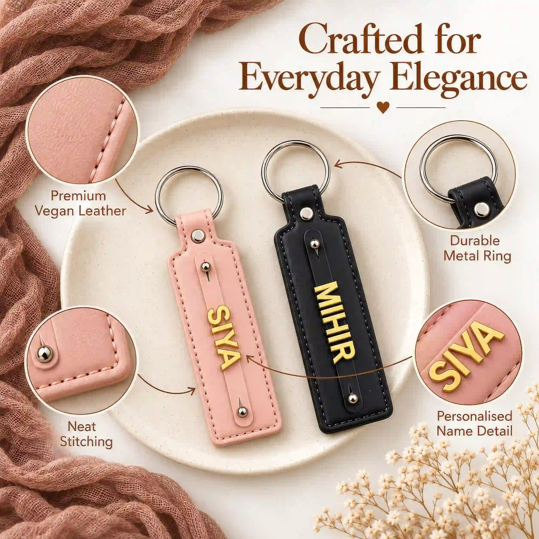 Keychain details: vegan leather, stitched edges, metal ring and raised gold-tone name letters