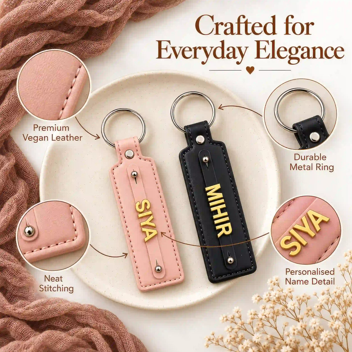 Keychain details: vegan leather, stitched edges, metal ring and raised gold-tone name letters