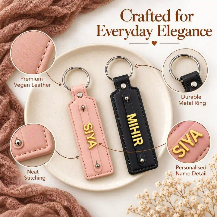 Keychain details: vegan leather, stitched edges, metal ring and raised gold-tone name letters