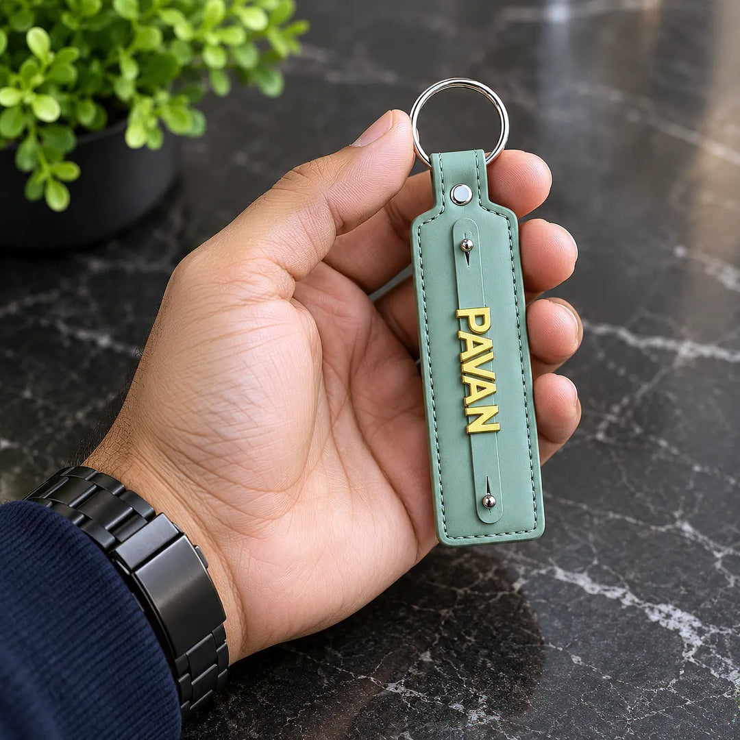 Mint Green vegan-leather keychain with gold-tone name letters