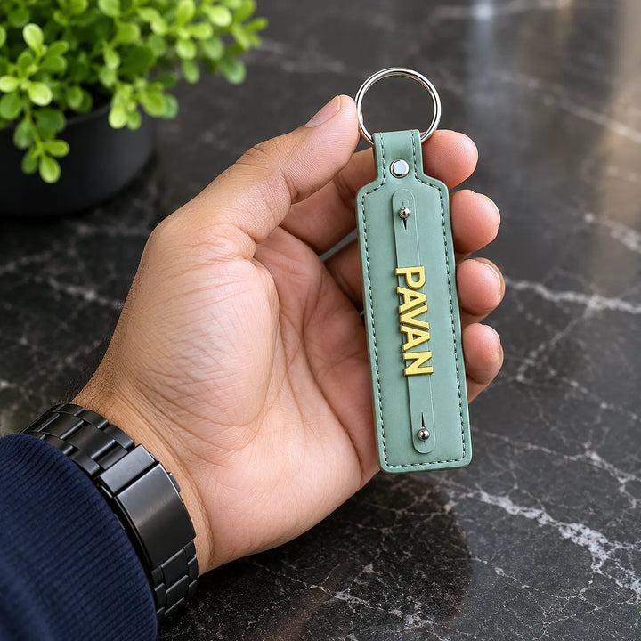 Mint Green vegan-leather keychain with gold-tone name letters