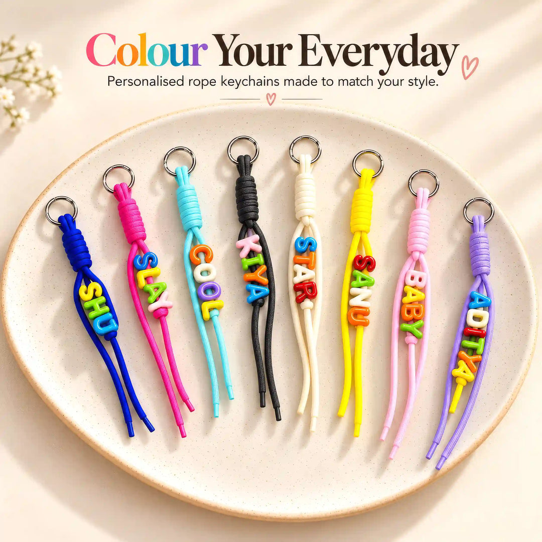 The Colour Pop personalised rope keychain collection with colourful alphabet beads in eight cord colours