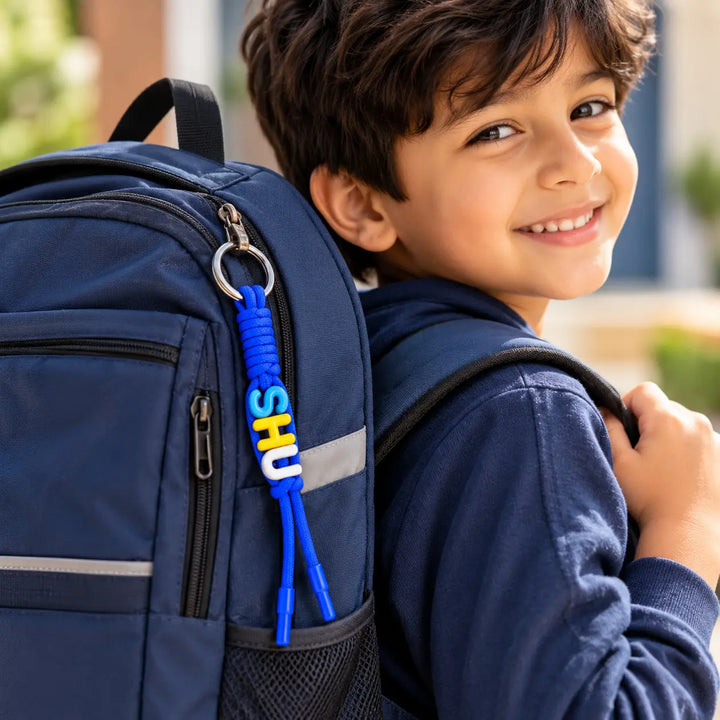 Blue personalised name keychain on a child&
