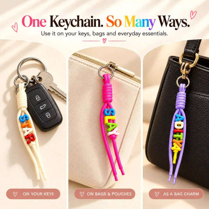Rope name keychain used with keys, bags and pouches