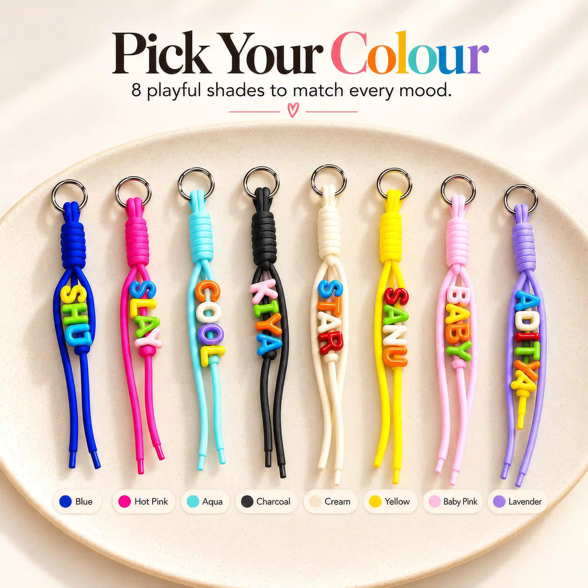 Eight rope keychain colours: Blue, Hot Pink, Aqua, Charcoal, Cream, Yellow, Baby Pink and Lavender