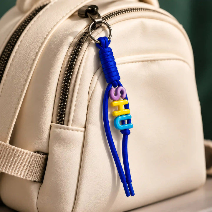 Blue personalised rope keychain attached to a backpack