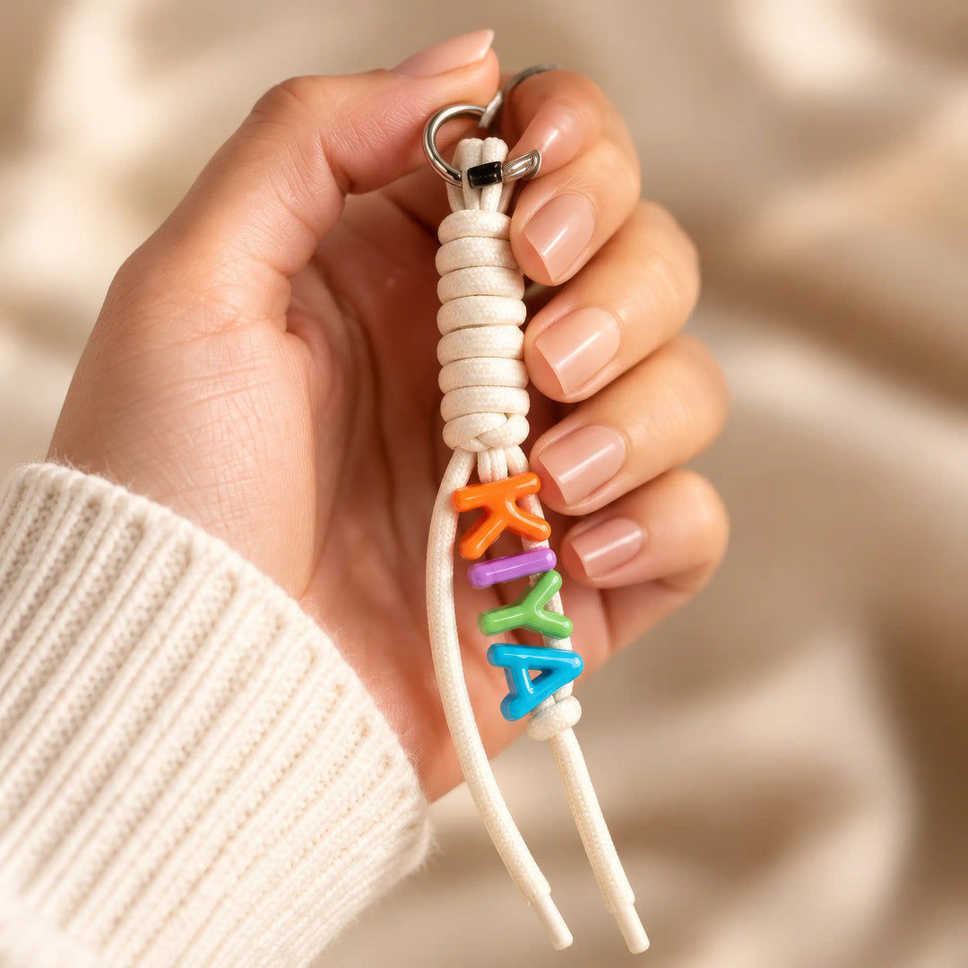 Cream rope keychain with colourful name beads held in a hand