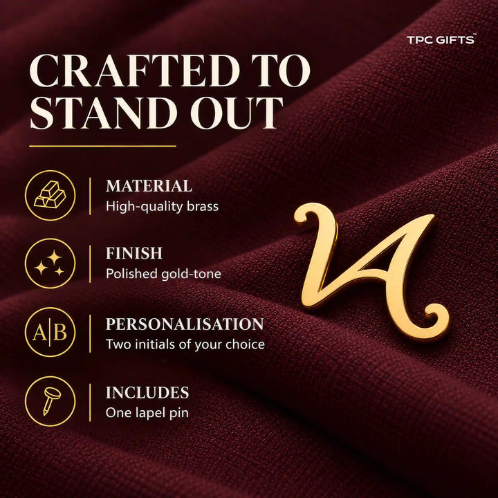 Gold tone brass script lapel pin material, finish and personalisation details