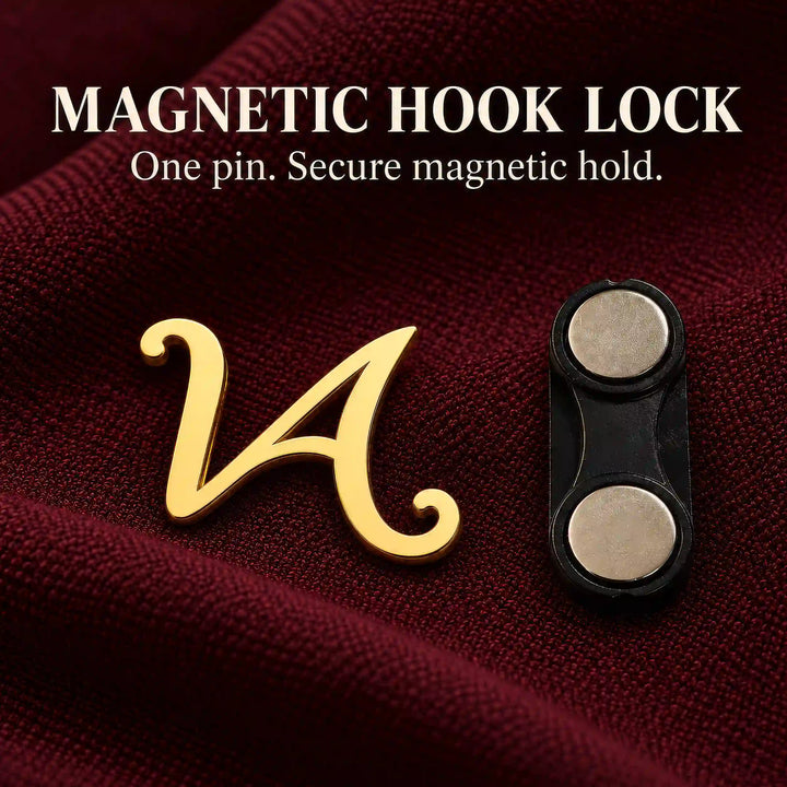 Gold tone script monogram lapel pin with magnetic hook lock