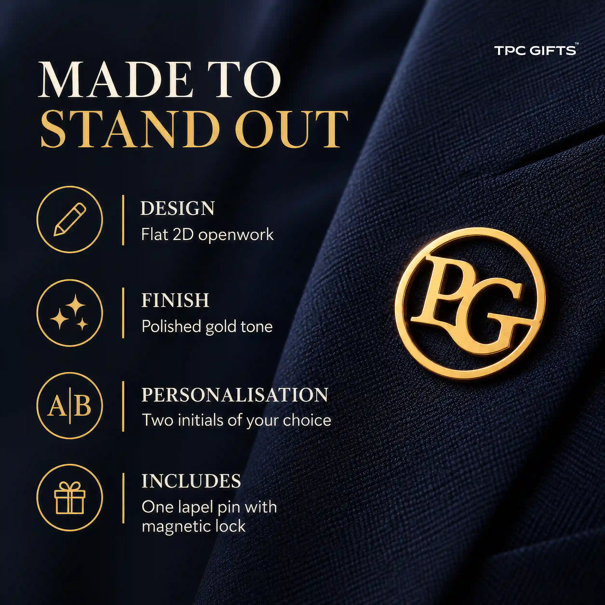 Circular openwork lapel pin with gold tone finish and two initial personalisation details