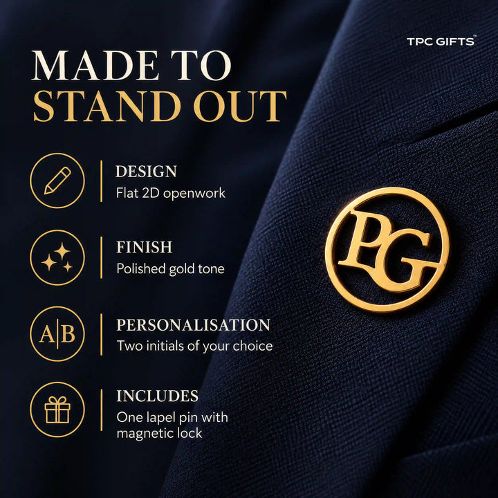 Circular openwork lapel pin with gold tone finish and two initial personalisation details