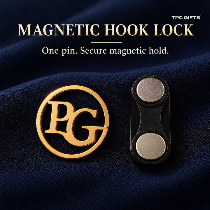 Gold tone circular monogram lapel pin with magnetic hook lock