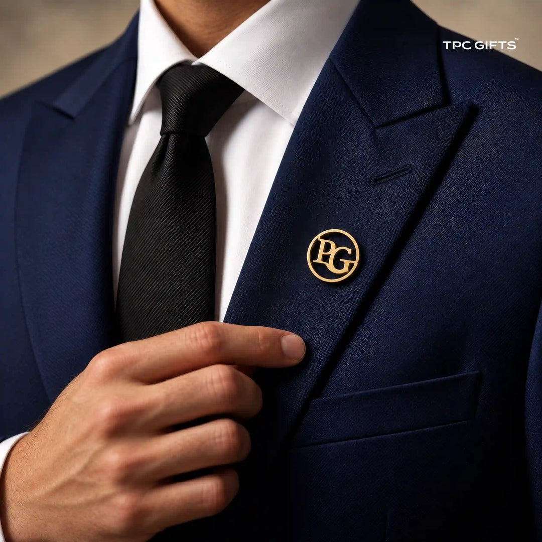 Personalised gold tone circular monogram lapel pin worn on a navy suit