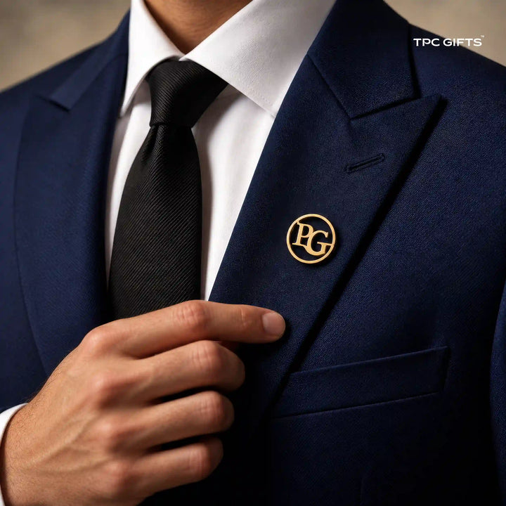 Personalised gold tone circular monogram lapel pin worn on a navy suit