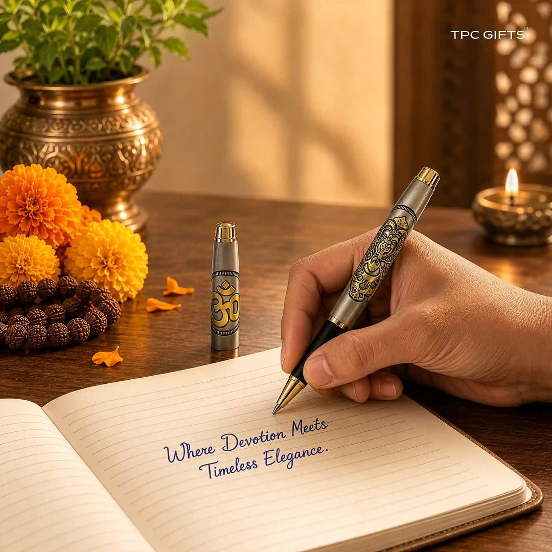 The Ganesha Pen – Lord Ganpati &amp; Om Engraved Brass Pen, Antique Silver &amp; Gold | With Gift Box