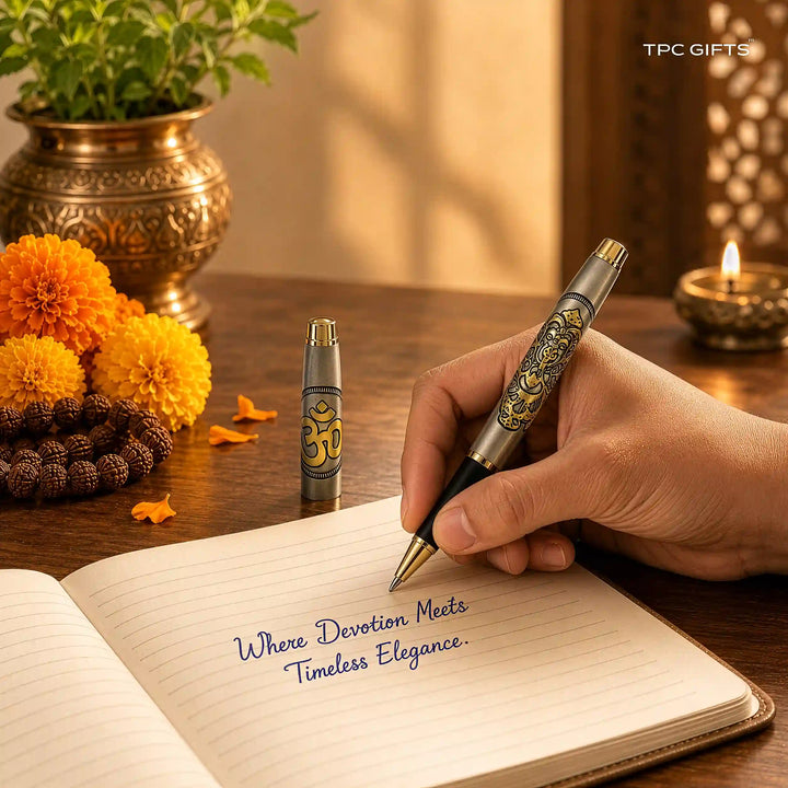 The Ganesha Pen – Lord Ganpati &amp; Om Engraved Brass Pen, Antique Silver &amp; Gold | With Gift Box