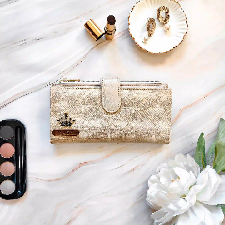 moonshine wallet with accessories on a marble surface
