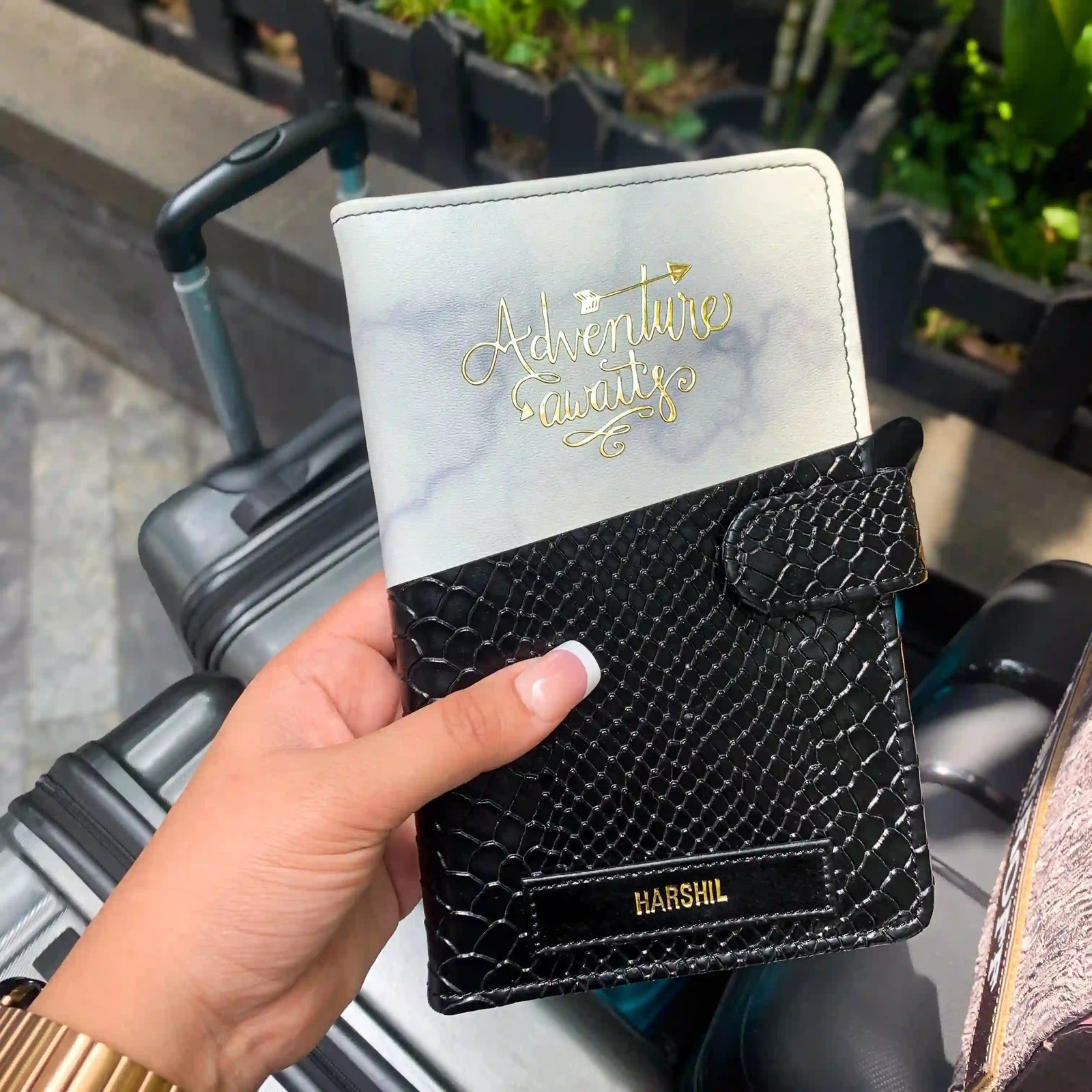 Personalized travel organiser with gold 'Adventure Awaits' text, black textured finish, and name embossing – stylish travel organizer perfect for frequent travelers - TPC Gifts