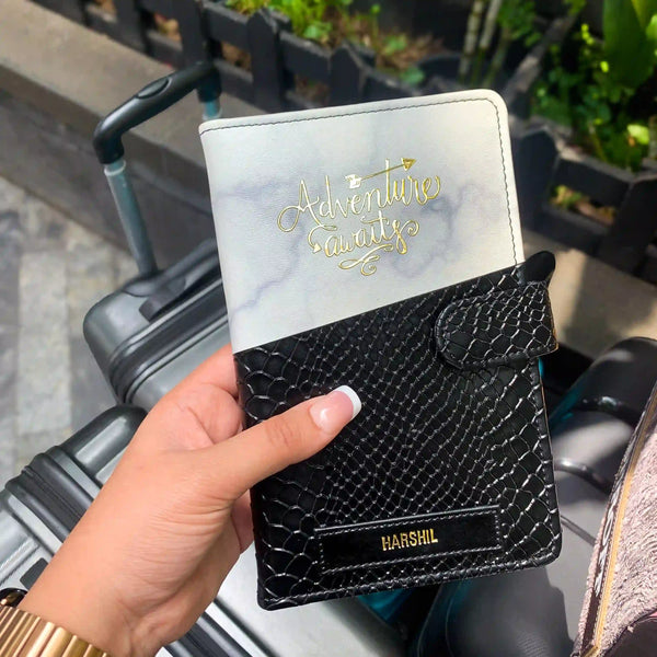 Personalized travel organiser with gold 'Adventure Awaits' text, black textured finish, and name embossing – stylish travel organizer perfect for frequent travelers - TPC Gifts